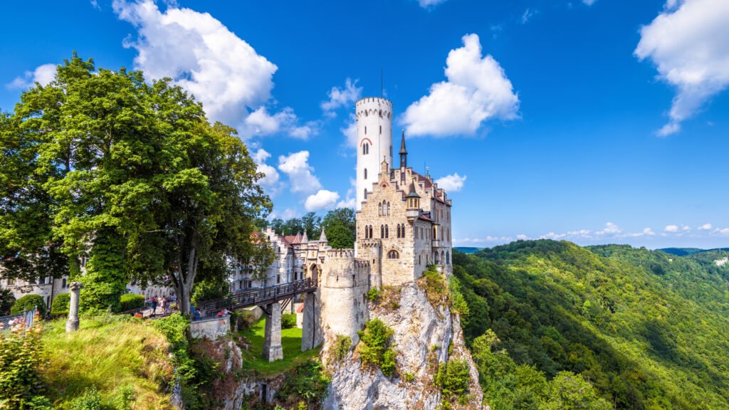 lichtenstein castle in baden wurttemberg, germany. scenic panorama of old castle on cliff. mountain landscape of swabian alps.